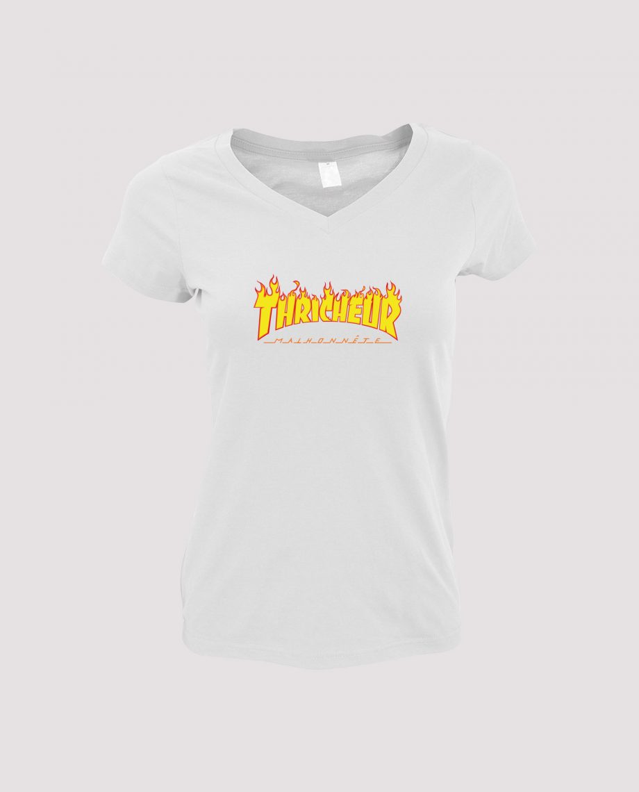 la-ligne-shop-t-shirt-blanc-femme-detournement-de-logo-thrasher-magasine-thricheur-malhonnete-avec-flamme