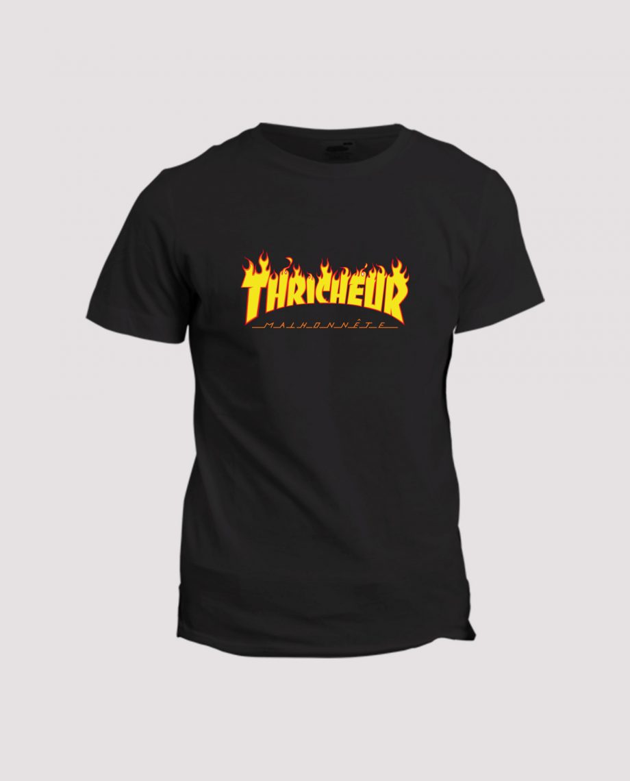 la-ligne-shop-t-shirt-noir-homme-detournement-de-logo-thrasher-magasine-thricheur-malhonnete-avec-flamme